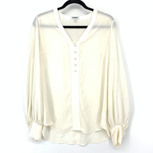 Express Blouse Womens Size Medium Cream Long Sleeve Button Detail V-Neck - Picture 1 of 6